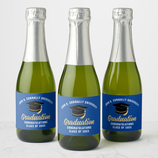 Blue Graduation Party Personalised Mini Sparkling Wine Label (Bottles)