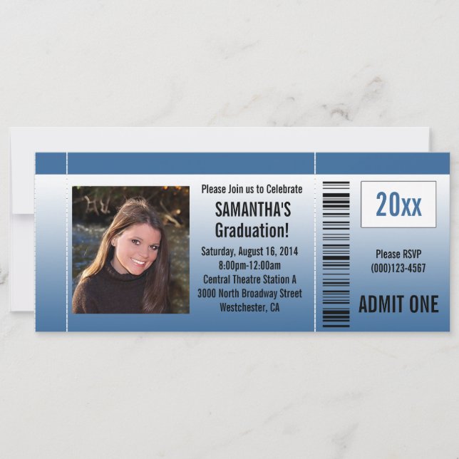 Blue Graduation Party Ticket Invitation with Photo (Front)