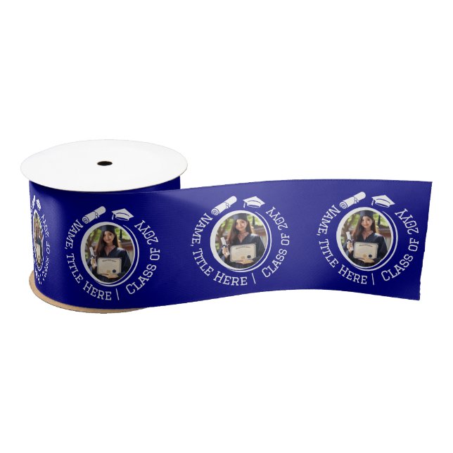 Blue Graduation Photo, Cap and Tassel and Diploma Satin Ribbon (Spool)