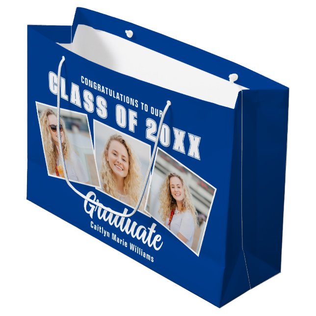 Blue Graduation Photo Collage 2025 Graduate Large Gift Bag (Front Angled)