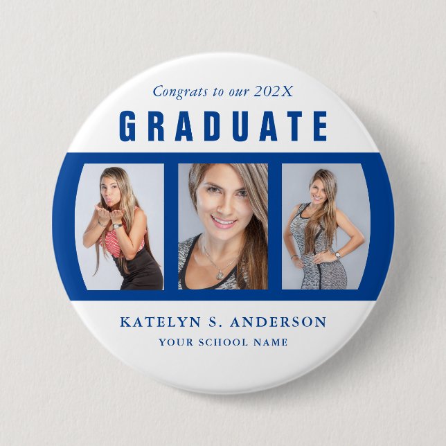 Blue Graduation Photo Collage Custom Button (Front)
