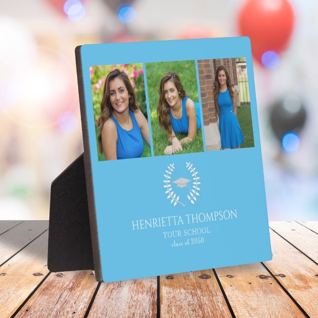 Blue Graduation Photo Collage Custom Plaque (Graduation party photo tabletop sign in Carolina blue)