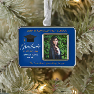 Blue Graduation Photo Inspirational Quote Custom Silver Plated Framed Ornament