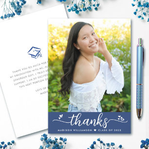 Blue Graduation Photo Modern Elegant Script Hearts Thank You Card