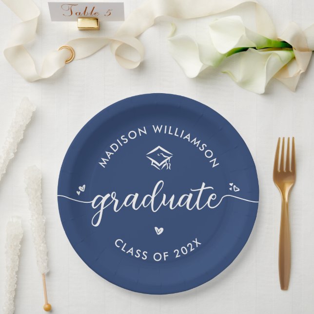 Blue Graduation Script Hearts Cap Icon Fun Modern Paper Plate (Wedding)