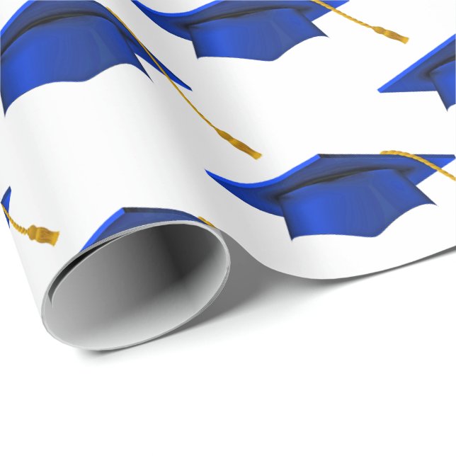 Blue Graduations Caps on White Wrapping Paper (Roll Corner)