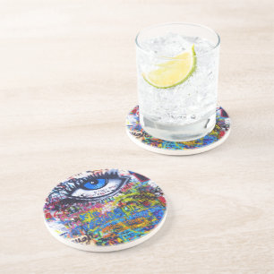 Blue graffiti evil eye coaster