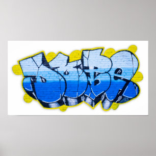 Blue graffiti on a brick wall poster