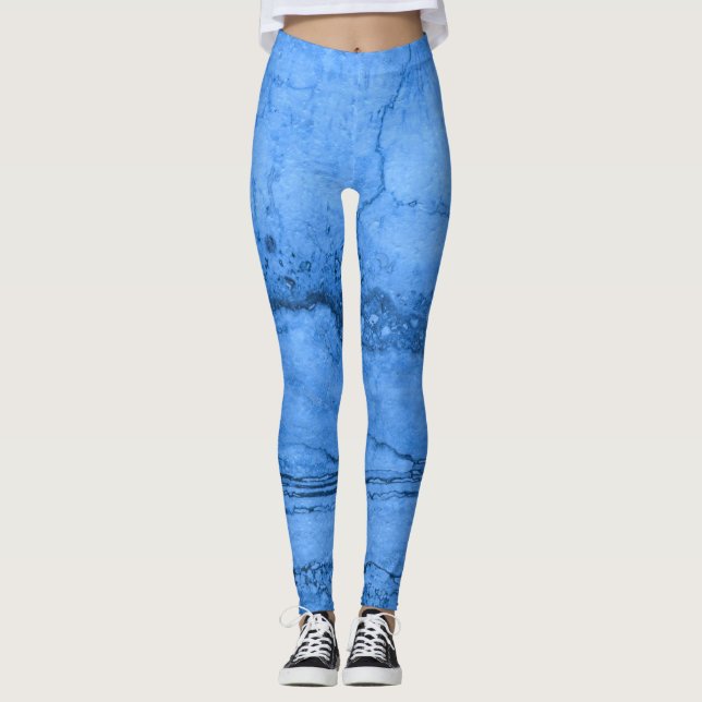 Blue Granite pattern, blue marble, blue stone Leggings (Front)