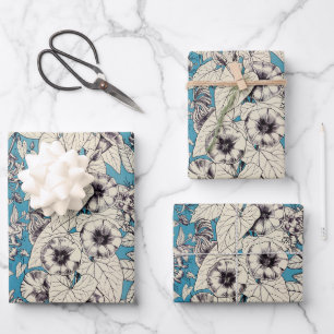 Blue Graphic Flowers Pattern Wrapping Paper Sheet