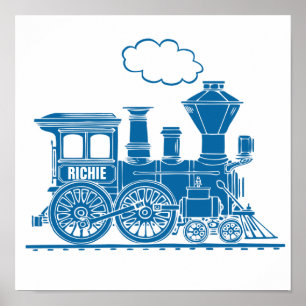 Blue graphic train personalised nursery kids art poster