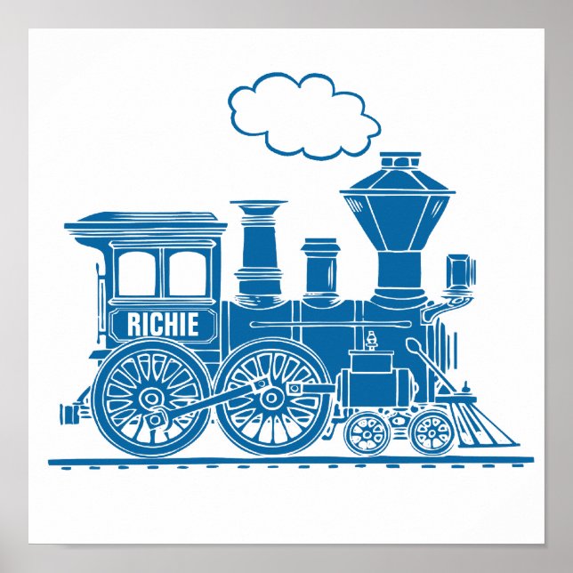 Blue graphic train personalized nursery kids art poster (Front)