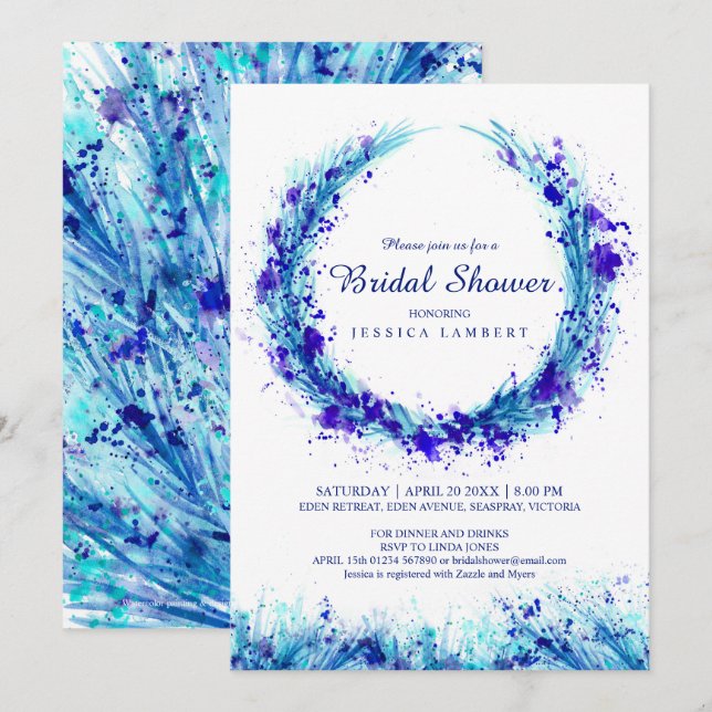 Blue grass watercolor splash bridal shower invites (Front/Back)