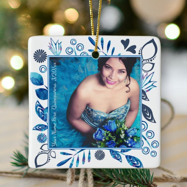 Blue-Gray and Aqua Christmas Photo Ornament (royal blue quinceanera photo tree ornament frame keepsake floral flowers leaves photo frame gift)