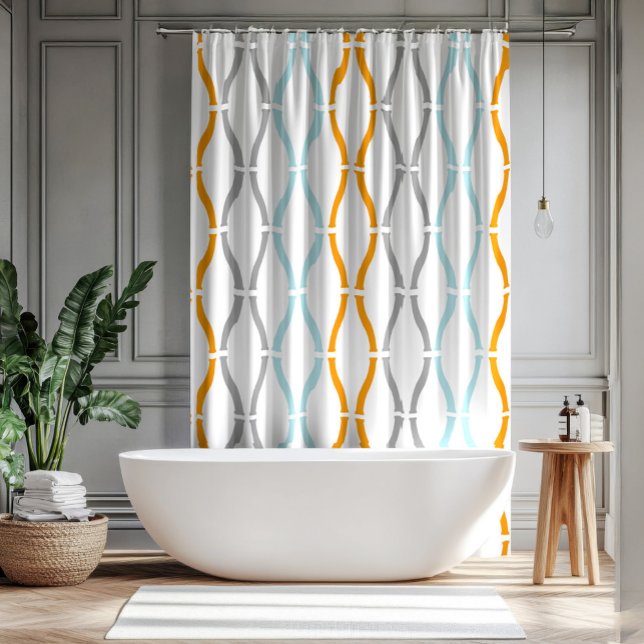 Blue, gray and orange funky stripes pattern shower curtain (Creator Uploaded)