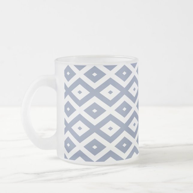 Blue gray and white diamond pattern frosted glass coffee mug (Left)