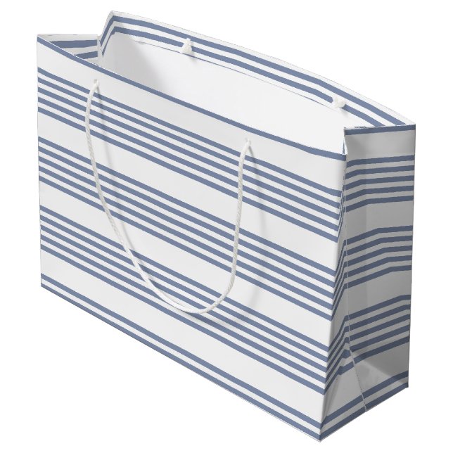 Blue-gray and white five stripe pattern large gift bag (Back Angled)