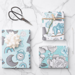 BLUE & GRAY BABY BOY ITEMS TOYS STARS WRAPPING PAPER SHEET