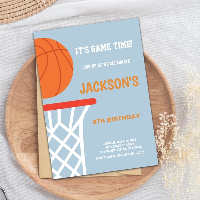 Blue & Gray Basketball Birthday Invitation (Blue Gray Background Basketball Invitations)