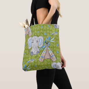 BLUE & GRAY BOHO BABY ELEPHANT & DREAMCATCHER TOTE BAG