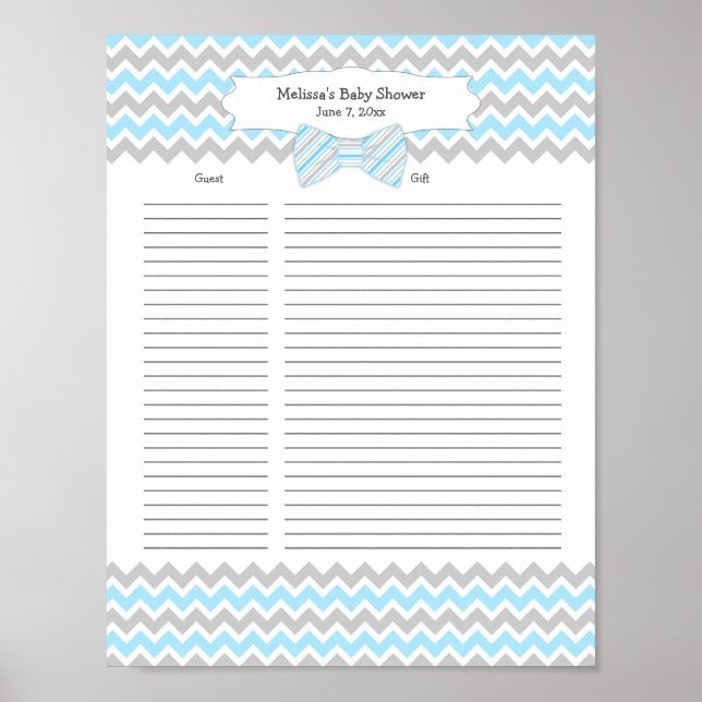 Blue Gray Bow tie Baby Shower Gift List guest list Poster (Front)