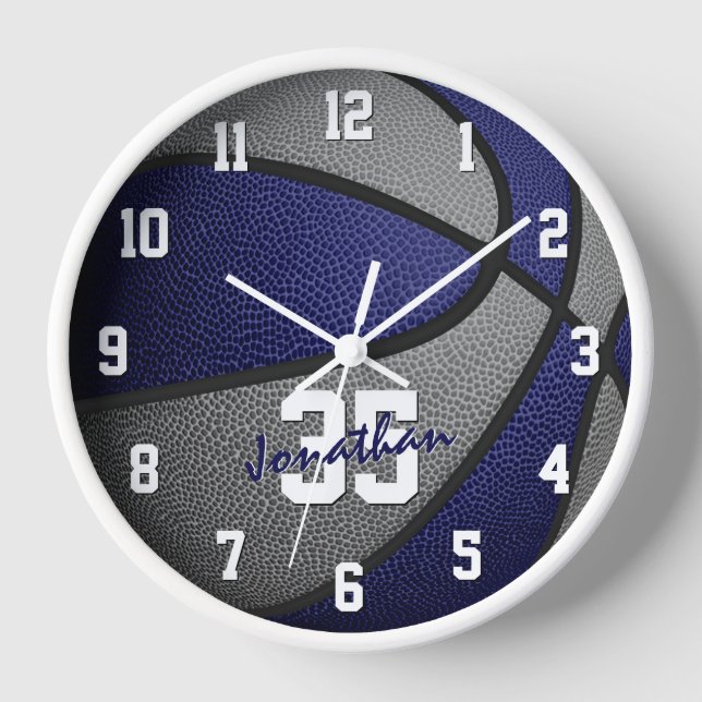 blue gray boys girls basketball personalized clock (Front)