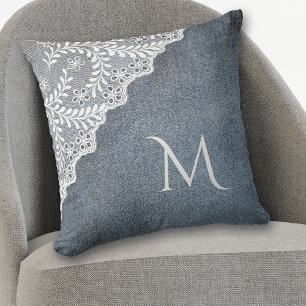 Blue Gray Denim Faux White Lace Corner Monogram Cushion