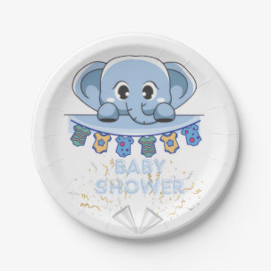 Blue gray elephant baby shower paper plate
