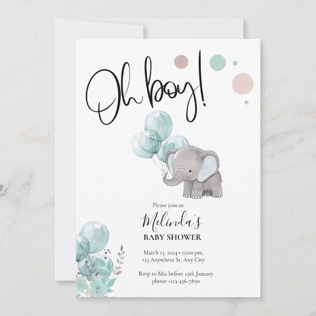 Blue Gray Elephant Boy Baby Shower Invitation (Front)