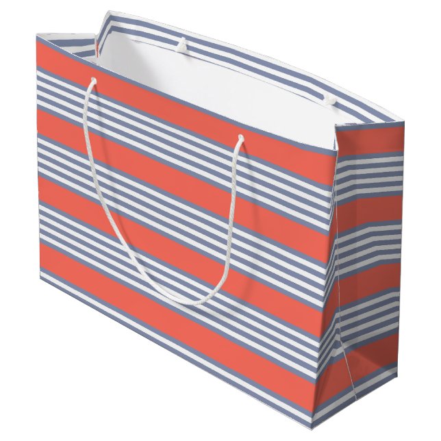 Blue-gray five stripe pattern with living coral large gift bag (Back Angled)