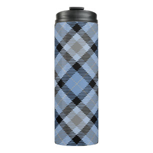 BLUE & GRAY LINEN LOOK PLAID PATTERN THERMAL TUMBLER