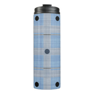 BLUE & GRAY LINEN LOOK PLAID & POLKA DOTS THERMAL TUMBLER
