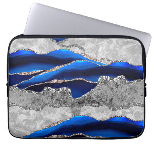 BLUE GRAY MARBLE AGATE SILVER GLITTER GLAM LAPTOP SLEEVE