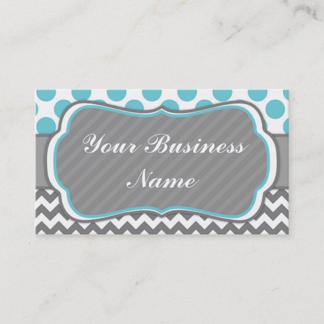 Blue, Gray,  Polka Dots and Chevron Business Card (Front)