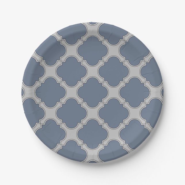 Blue-gray quatrefoil paper plate (Front)