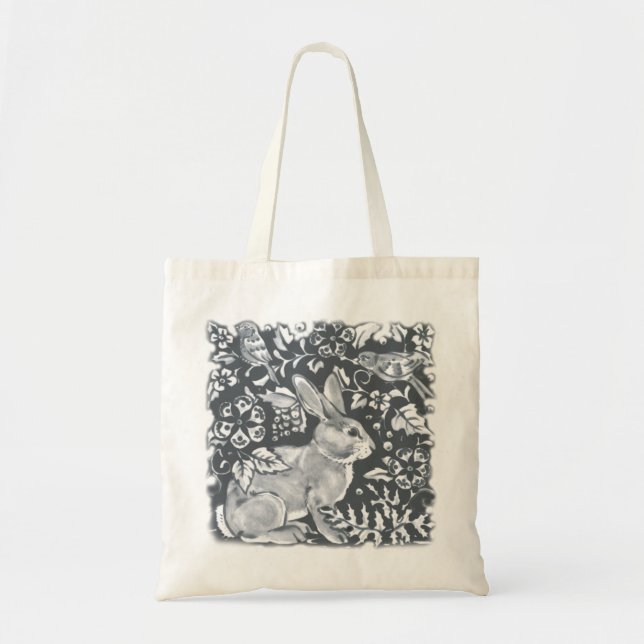 Blue Gray Rabbit Bunny Bird Floral Dedham Delft Tote Bag (Front)