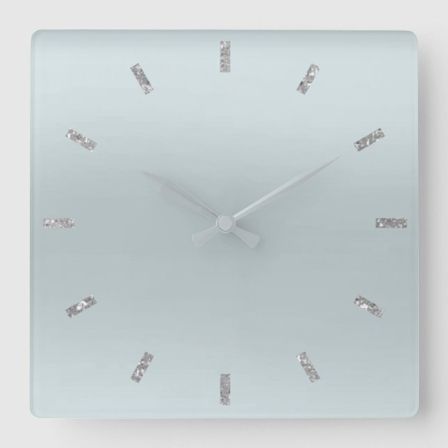 Blue Gray Silver  Pastel Ombre Minimal Glitter Square Wall Clock (Front)