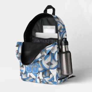 Blue gray volleyball pattern w player name number printed backpack