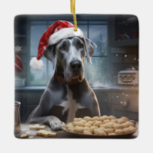 Blue Great Dane Baking Christmas Cookies Ceramic Ornament