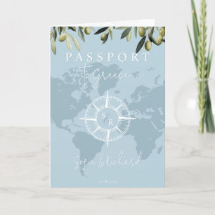 Blue Greece Wedding Passport World Map Compass Invitation