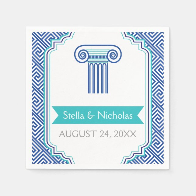 Blue Greek key and column Grecian wedding Napkin (Front)