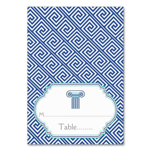Blue Greek key and column wedding place card (Front)