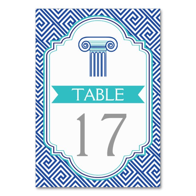 Blue Greek key and column wedding table number (Front)
