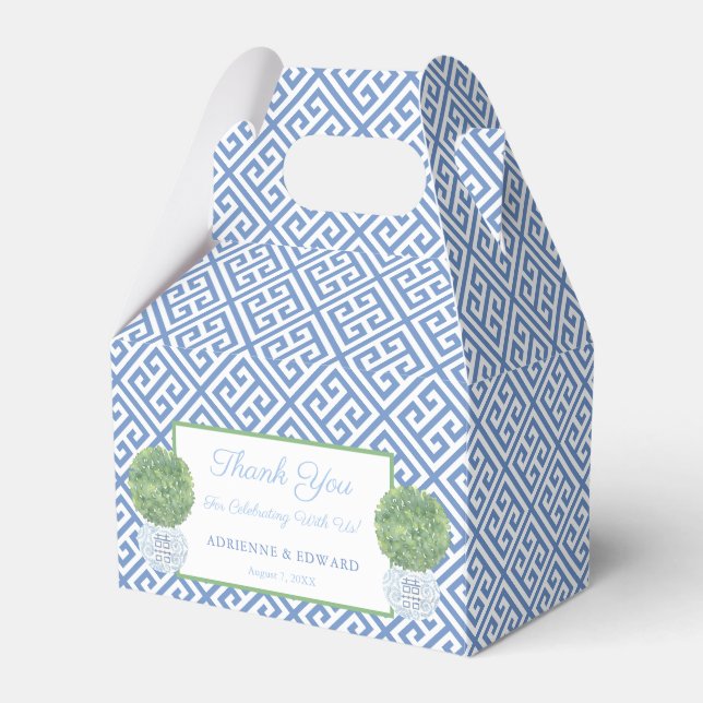 Blue Greek Key Boxwood Topiary Wedding Thank You Favour Box (Front Side)