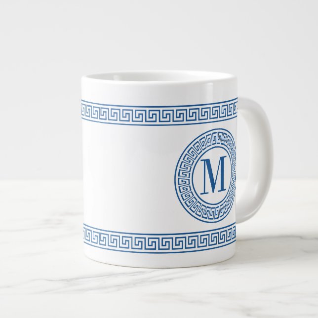 Blue Greek Key Monogram Jumbo Mugs (Front Right)