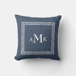Blue Greek Key Monogrammed Throw Pillow