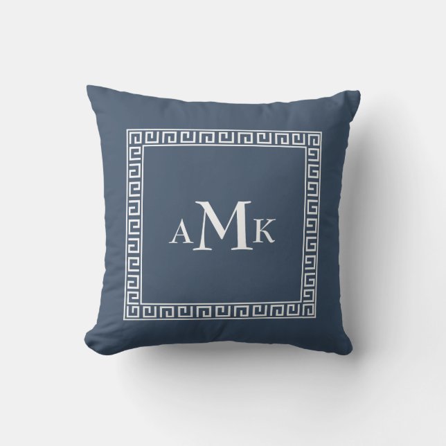 Blue Greek Key | Monogrammed Throw Pillow (Front)