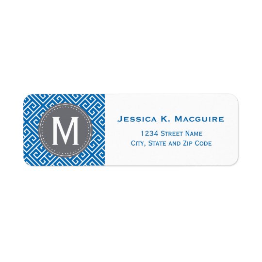 Blue Greek Key Pattern Grey Monogram Frame Return Address Label