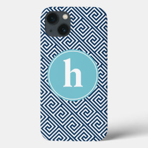 Blue Greek Key Pattern Monogram iPhone 13 Case