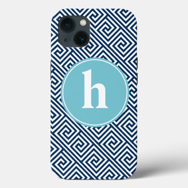 Blue Greek Key Pattern Monogram Case-Mate iPhone Case (Back)